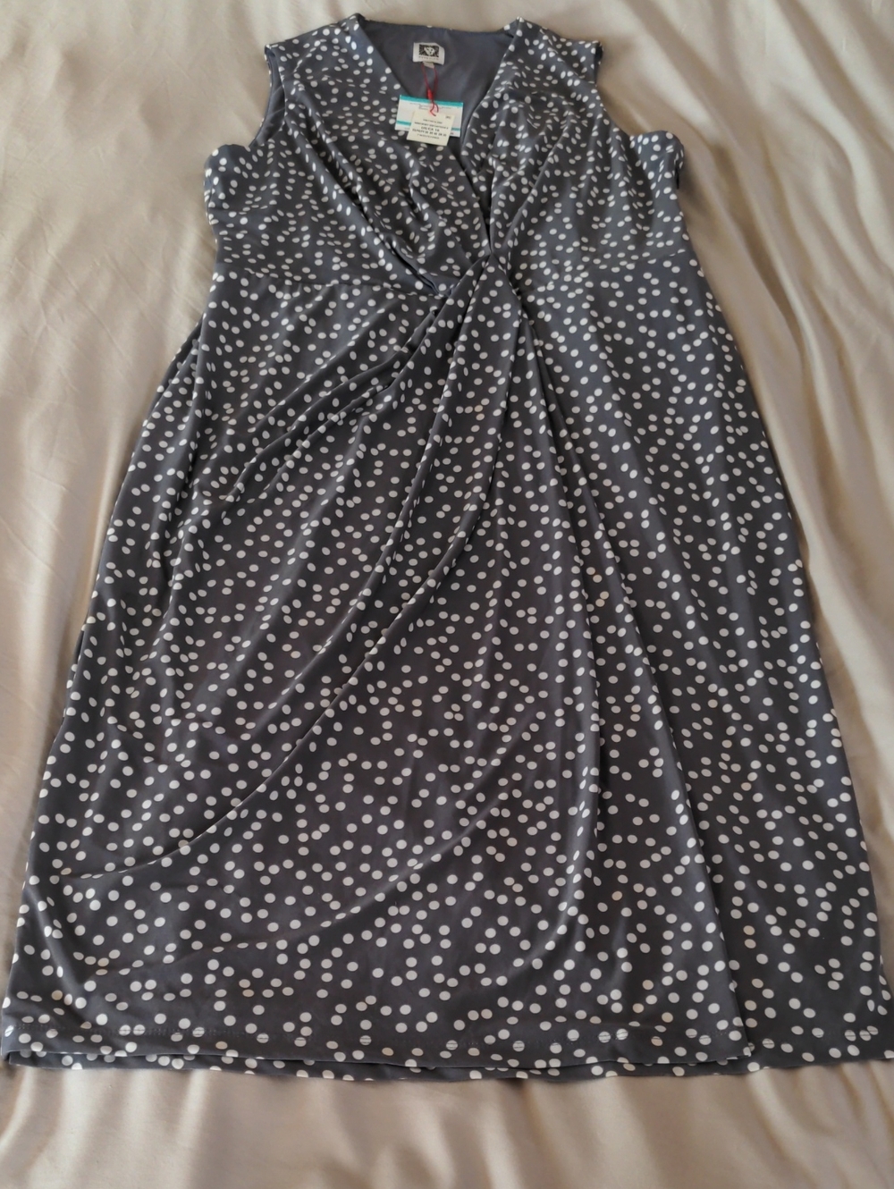 Anne Klein Draped Front Polka Dot Dress Nantucket Grey / Oyster Size 16 NWT